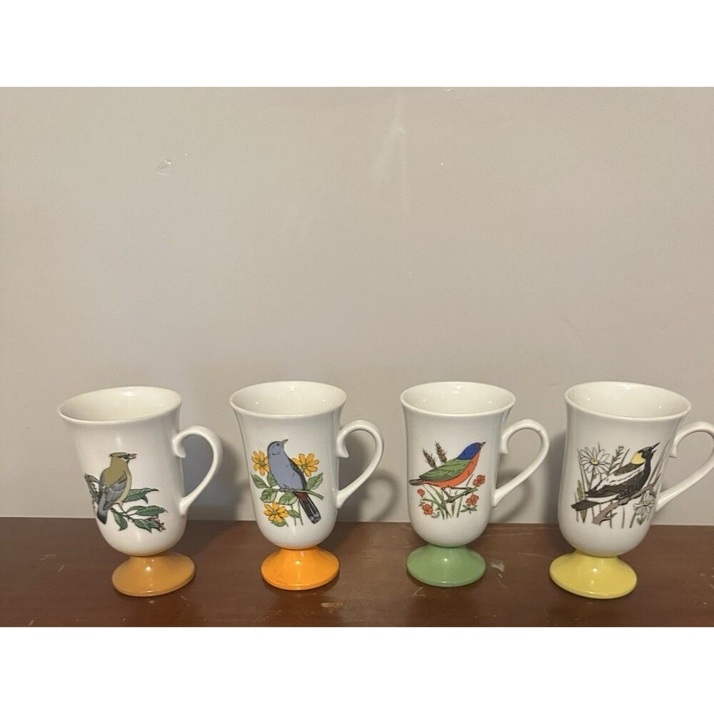 Set Of 4 Vintage Fred Roberts Song Bird Pedestal Coffee Mugs Tea Cups 1960s